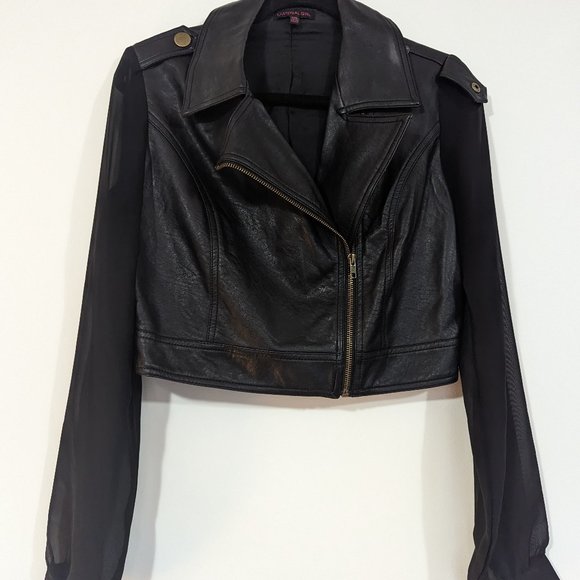 Material Girl Cropped Leather Jacket with Sheer Sleeves s: L - Picture 1 of 10